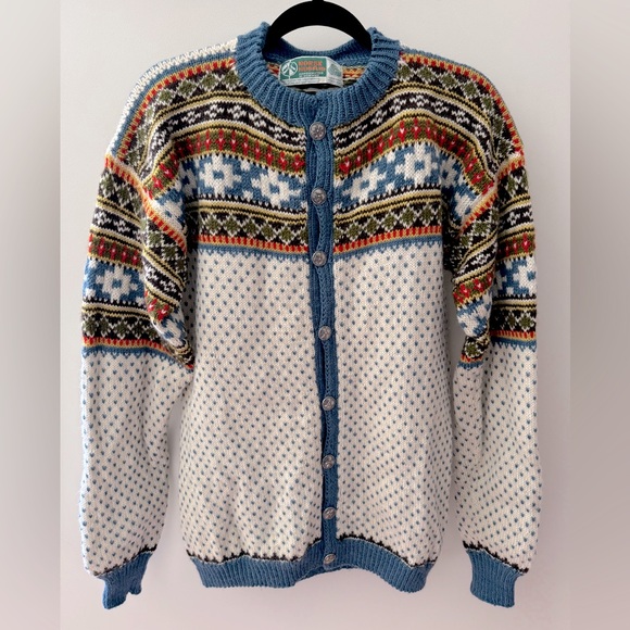 Vintage NORSK HUSFLID Hand Knit Fair Isle Wool Cardigan - Picture 1 of 5